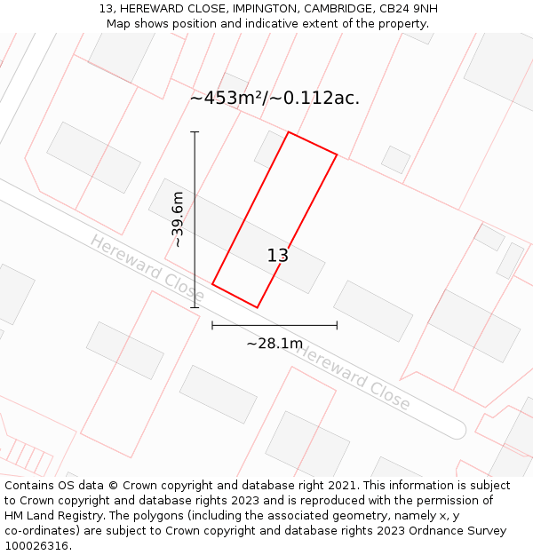 13, HEREWARD CLOSE, IMPINGTON, CAMBRIDGE, CB24 9NH: Plot and title map