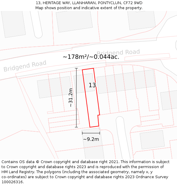 13, HERITAGE WAY, LLANHARAN, PONTYCLUN, CF72 9WD: Plot and title map