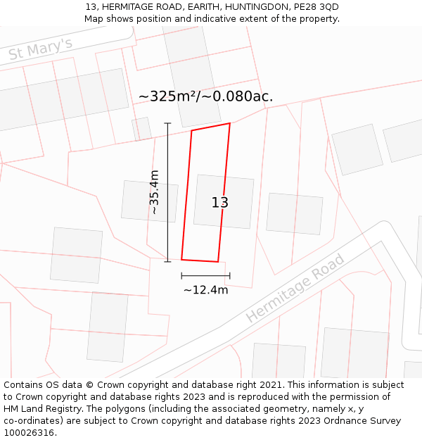 13, HERMITAGE ROAD, EARITH, HUNTINGDON, PE28 3QD: Plot and title map