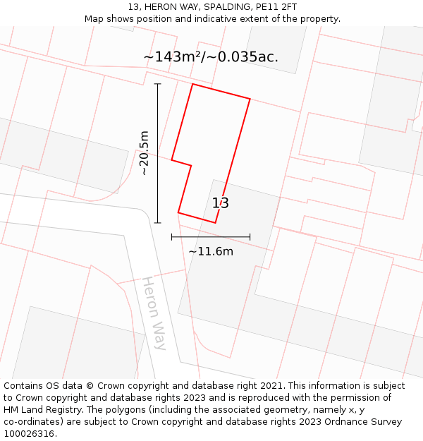 13, HERON WAY, SPALDING, PE11 2FT: Plot and title map