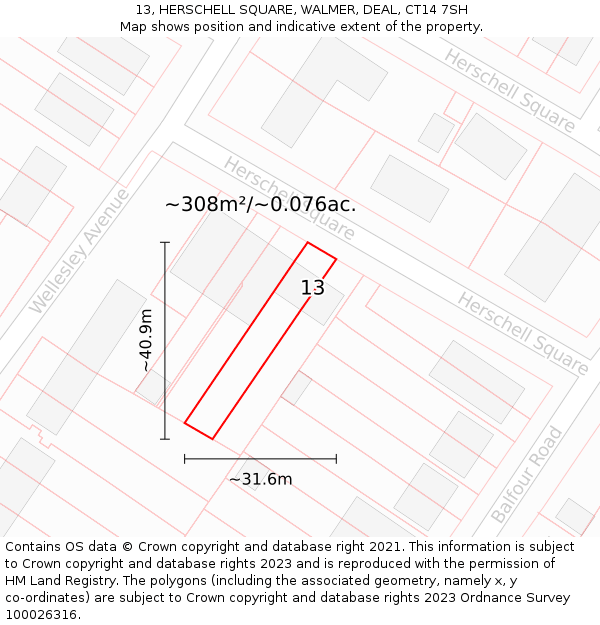 13, HERSCHELL SQUARE, WALMER, DEAL, CT14 7SH: Plot and title map