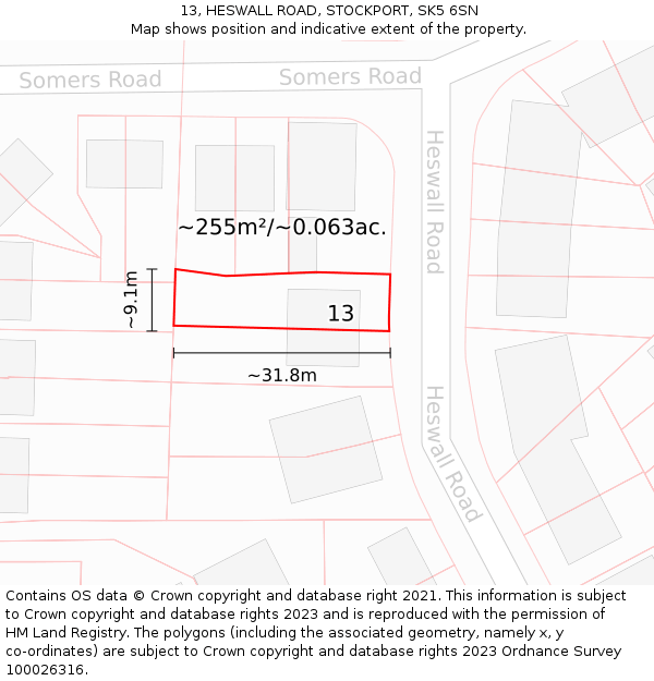 13, HESWALL ROAD, STOCKPORT, SK5 6SN: Plot and title map