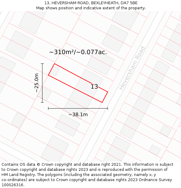 13, HEVERSHAM ROAD, BEXLEYHEATH, DA7 5BE: Plot and title map