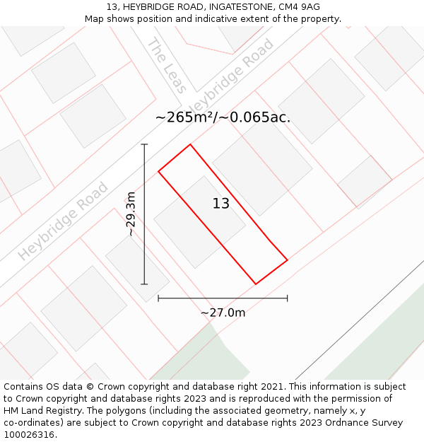 13, HEYBRIDGE ROAD, INGATESTONE, CM4 9AG: Plot and title map