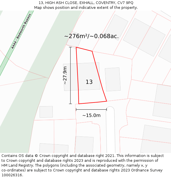 13, HIGH ASH CLOSE, EXHALL, COVENTRY, CV7 9PQ: Plot and title map