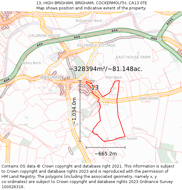 13, HIGH BRIGHAM, BRIGHAM, COCKERMOUTH, CA13 0TE: Plot and title map