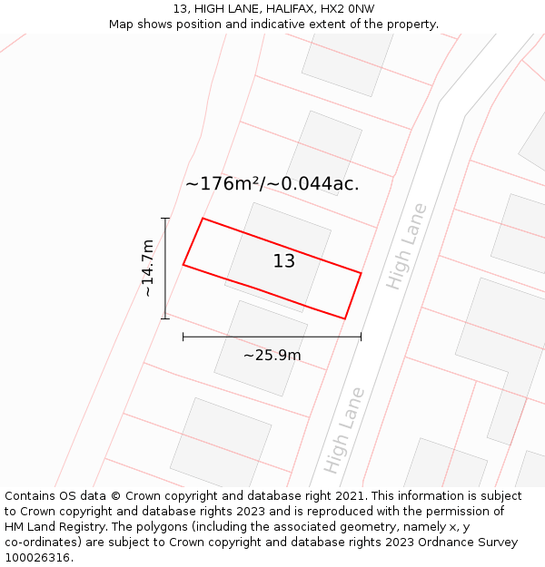13, HIGH LANE, HALIFAX, HX2 0NW: Plot and title map