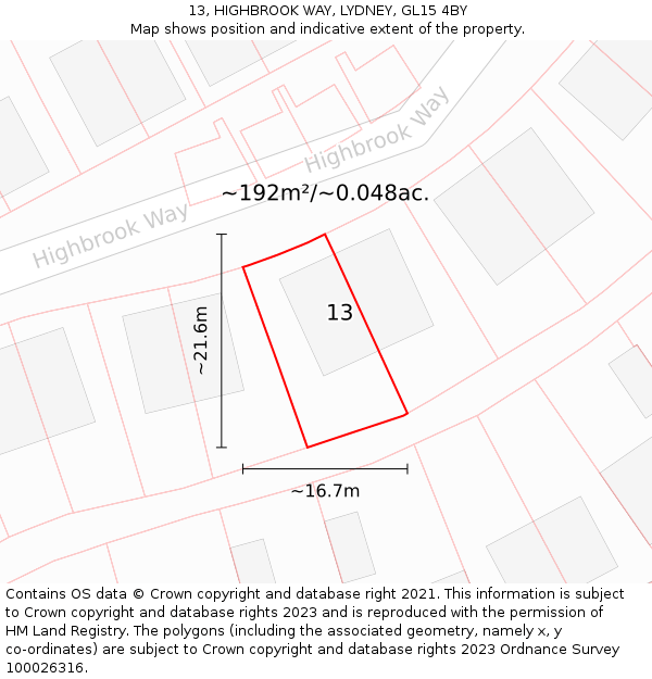 13, HIGHBROOK WAY, LYDNEY, GL15 4BY: Plot and title map