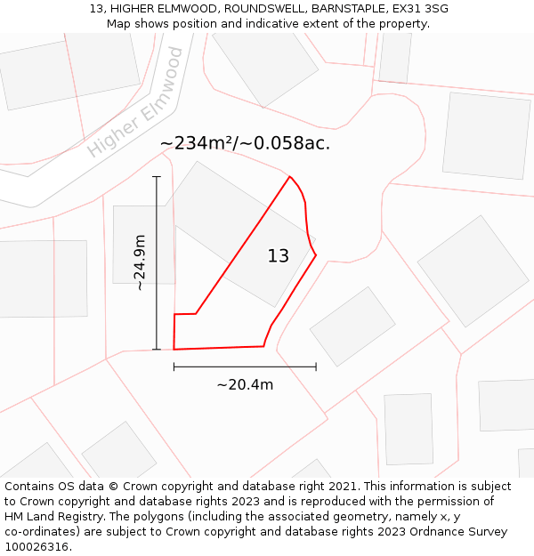 13, HIGHER ELMWOOD, ROUNDSWELL, BARNSTAPLE, EX31 3SG: Plot and title map