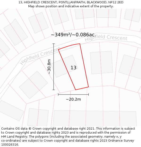 13, HIGHFIELD CRESCENT, PONTLLANFRAITH, BLACKWOOD, NP12 2ED: Plot and title map