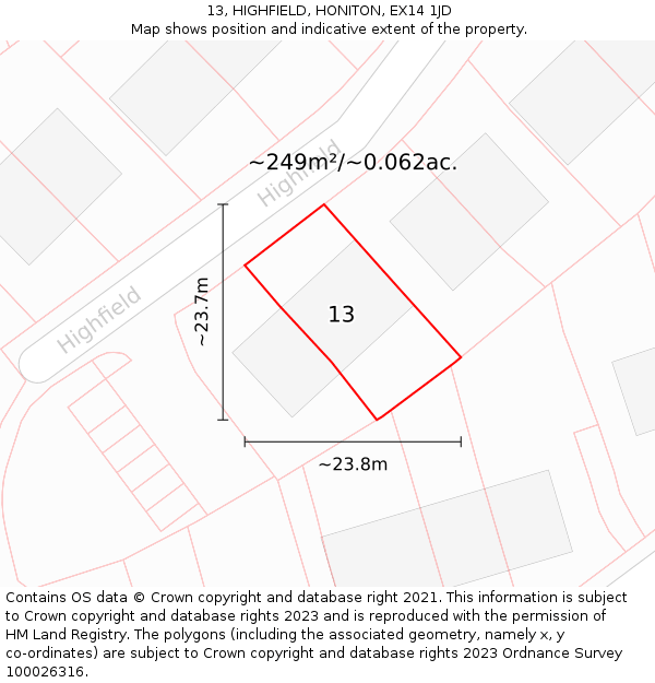 13, HIGHFIELD, HONITON, EX14 1JD: Plot and title map
