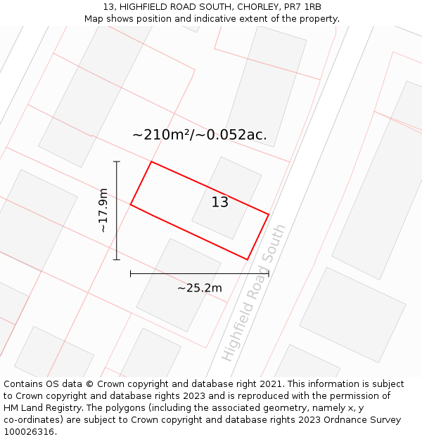 13, HIGHFIELD ROAD SOUTH, CHORLEY, PR7 1RB: Plot and title map