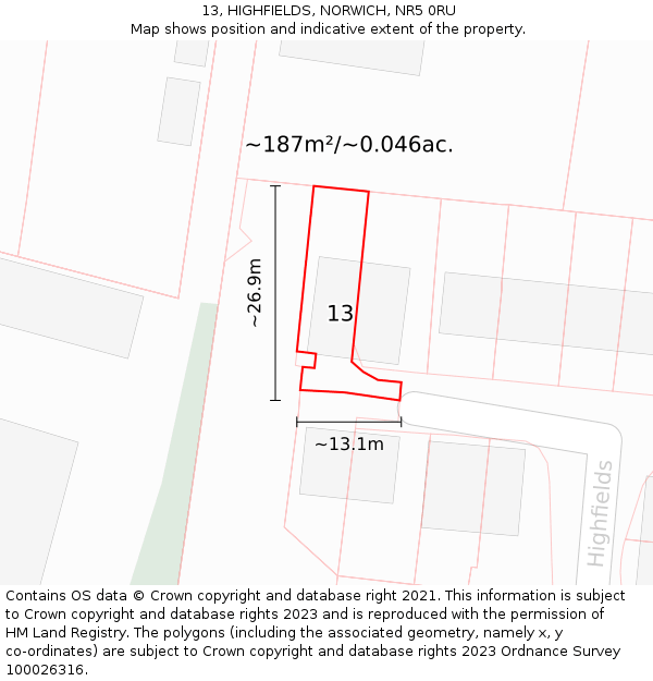 13, HIGHFIELDS, NORWICH, NR5 0RU: Plot and title map