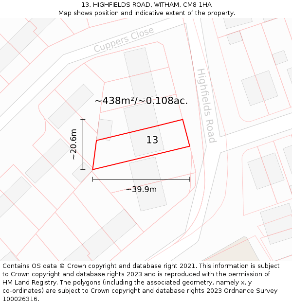 13, HIGHFIELDS ROAD, WITHAM, CM8 1HA: Plot and title map