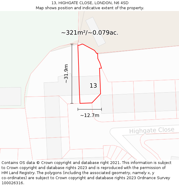 13, HIGHGATE CLOSE, LONDON, N6 4SD: Plot and title map