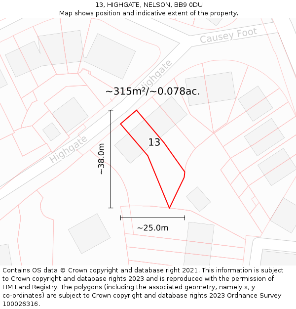 13, HIGHGATE, NELSON, BB9 0DU: Plot and title map