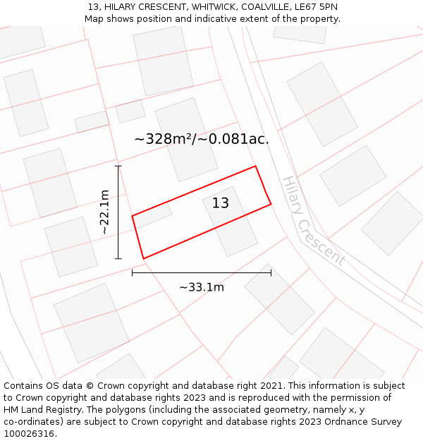 13, HILARY CRESCENT, WHITWICK, COALVILLE, LE67 5PN: Plot and title map