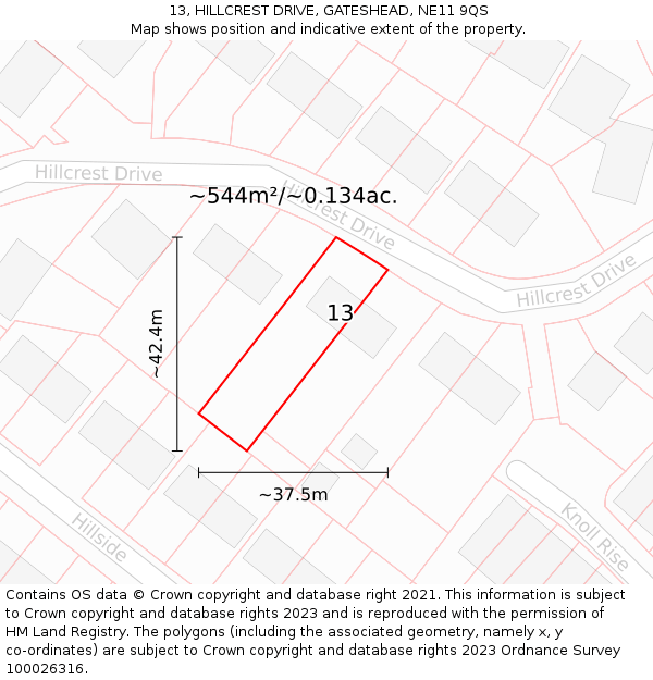 13, HILLCREST DRIVE, GATESHEAD, NE11 9QS: Plot and title map