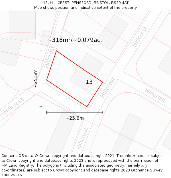 13, HILLCREST, PENSFORD, BRISTOL, BS39 4AT: Plot and title map