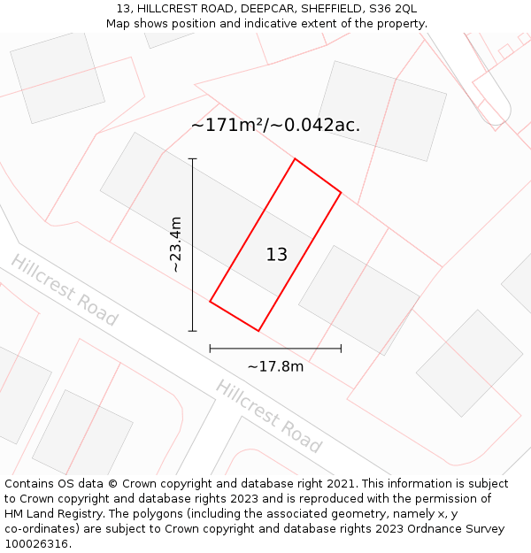 13, HILLCREST ROAD, DEEPCAR, SHEFFIELD, S36 2QL: Plot and title map