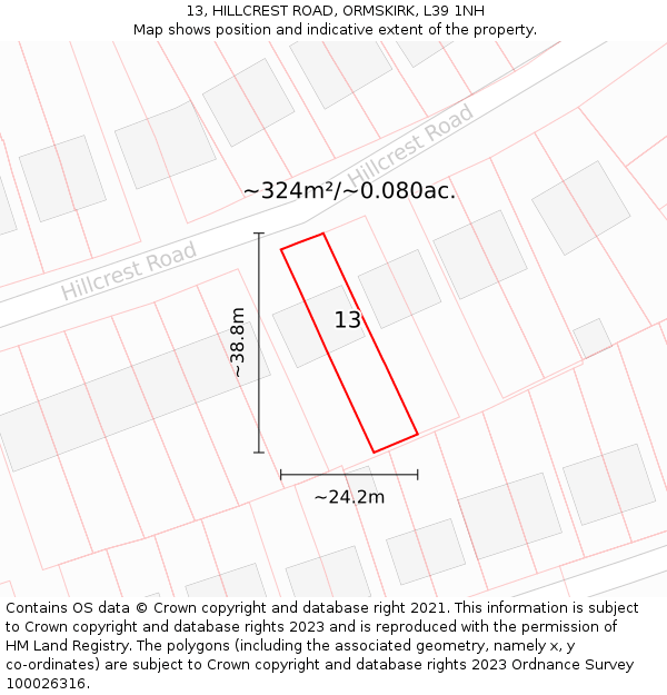 13, HILLCREST ROAD, ORMSKIRK, L39 1NH: Plot and title map