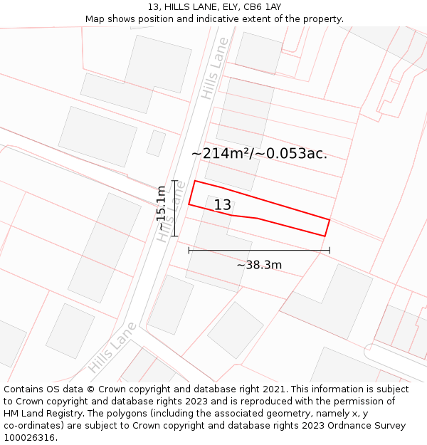 13, HILLS LANE, ELY, CB6 1AY: Plot and title map
