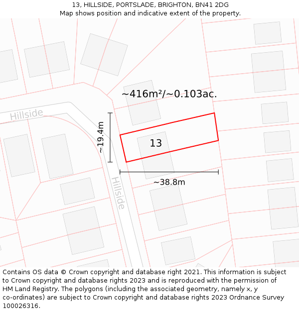 13, HILLSIDE, PORTSLADE, BRIGHTON, BN41 2DG: Plot and title map
