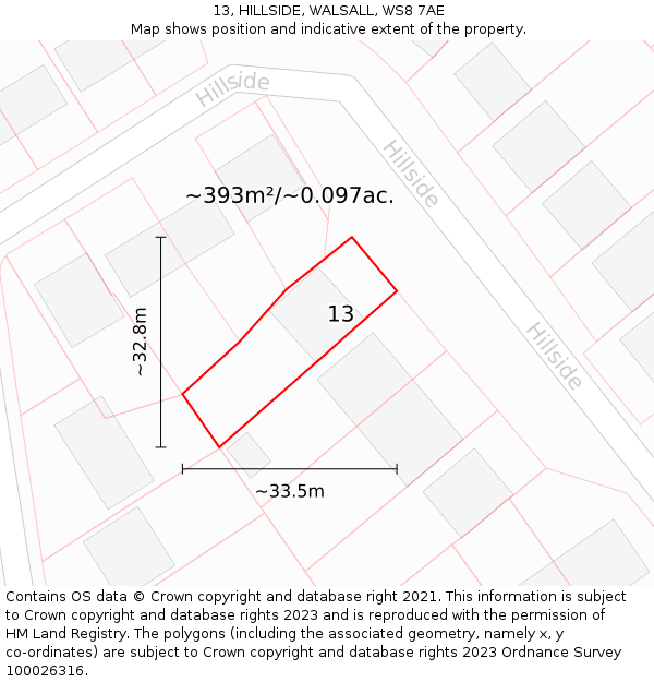 13, HILLSIDE, WALSALL, WS8 7AE: Plot and title map