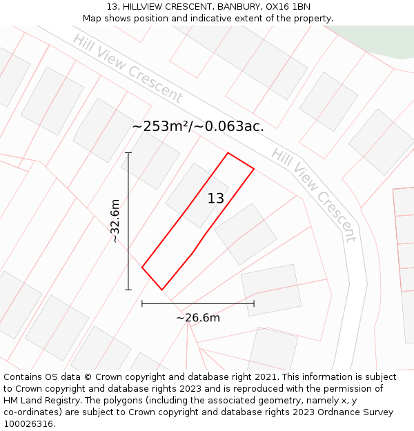 13, HILLVIEW CRESCENT, BANBURY, OX16 1BN: Plot and title map