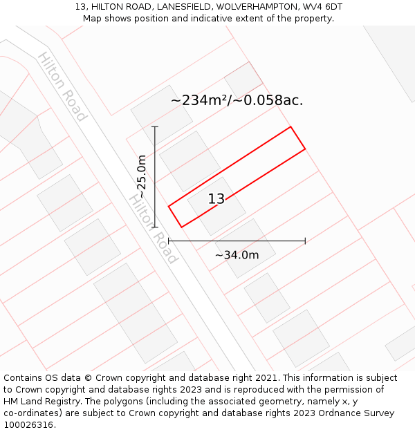 13, HILTON ROAD, LANESFIELD, WOLVERHAMPTON, WV4 6DT: Plot and title map