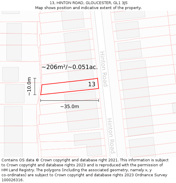 13, HINTON ROAD, GLOUCESTER, GL1 3JS: Plot and title map