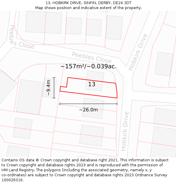 13, HOBKIRK DRIVE, SINFIN, DERBY, DE24 3DT: Plot and title map