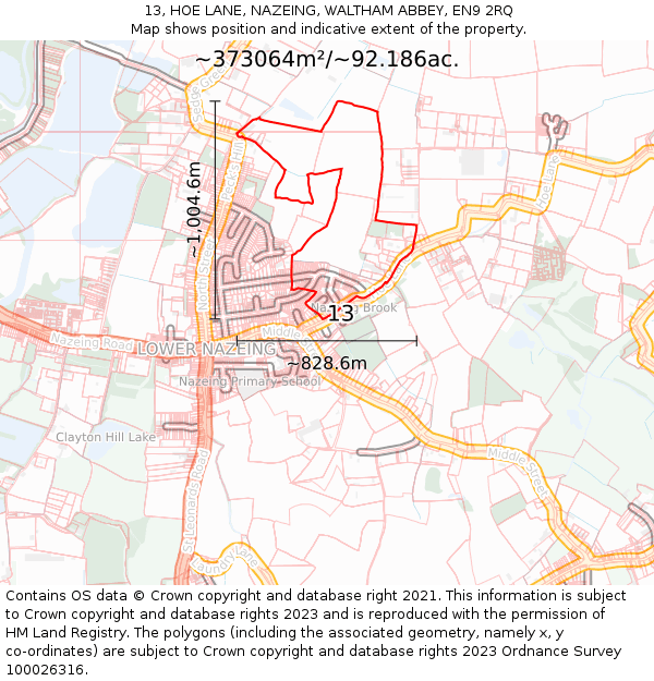 13, HOE LANE, NAZEING, WALTHAM ABBEY, EN9 2RQ: Plot and title map