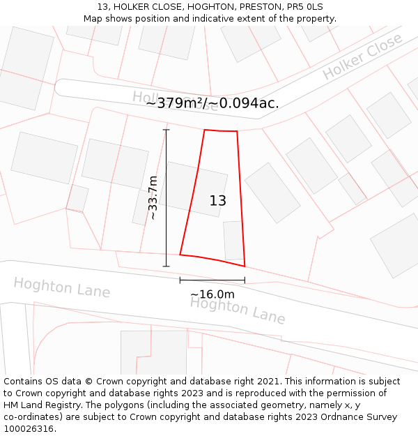 13, HOLKER CLOSE, HOGHTON, PRESTON, PR5 0LS: Plot and title map
