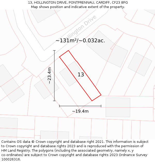13, HOLLINGTON DRIVE, PONTPRENNAU, CARDIFF, CF23 8PG: Plot and title map
