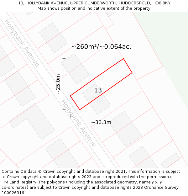 13, HOLLYBANK AVENUE, UPPER CUMBERWORTH, HUDDERSFIELD, HD8 8NY: Plot and title map