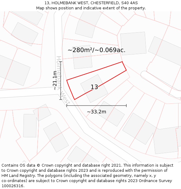 13, HOLMEBANK WEST, CHESTERFIELD, S40 4AS: Plot and title map