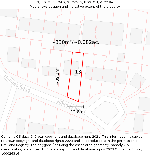13, HOLMES ROAD, STICKNEY, BOSTON, PE22 8AZ: Plot and title map