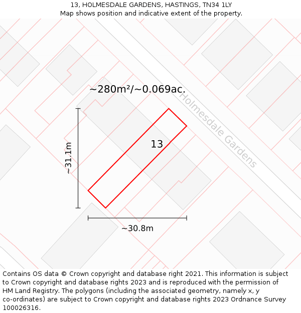 13, HOLMESDALE GARDENS, HASTINGS, TN34 1LY: Plot and title map