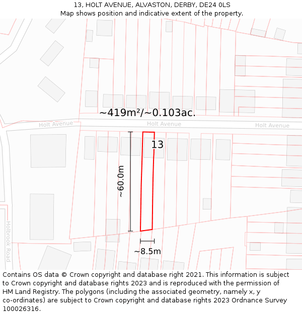 13, HOLT AVENUE, ALVASTON, DERBY, DE24 0LS: Plot and title map