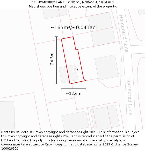 13, HOMEBRED LANE, LODDON, NORWICH, NR14 6UY: Plot and title map