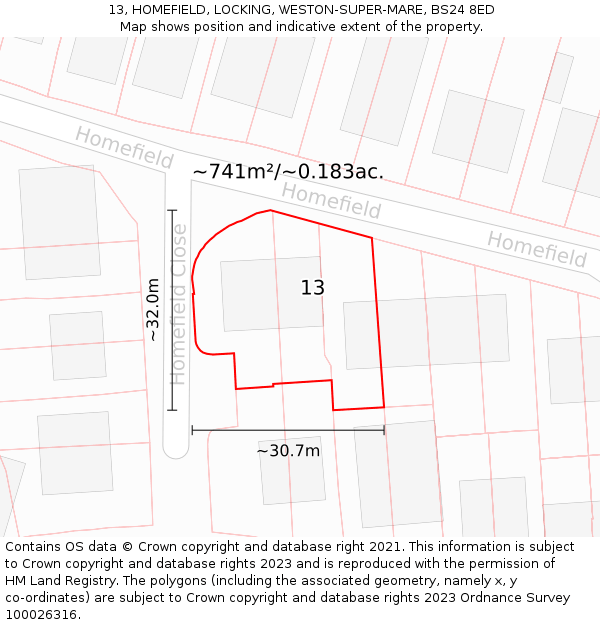 13, HOMEFIELD, LOCKING, WESTON-SUPER-MARE, BS24 8ED: Plot and title map
