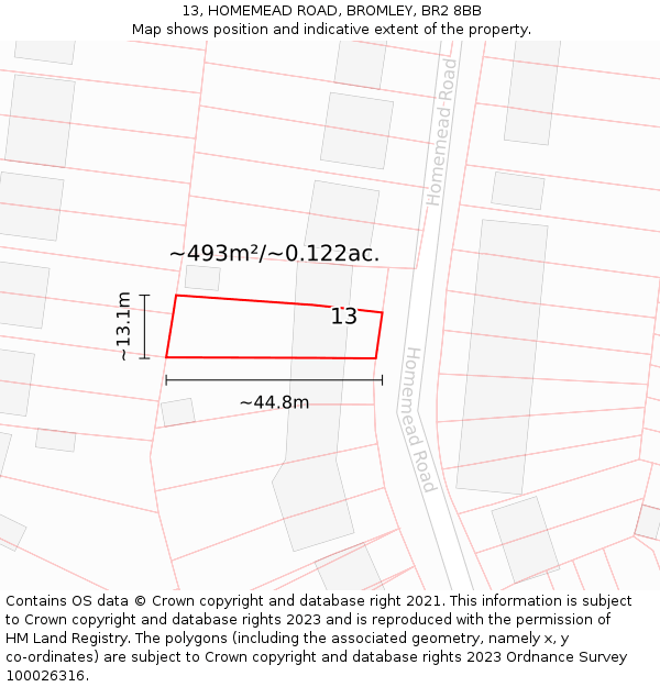 13, HOMEMEAD ROAD, BROMLEY, BR2 8BB: Plot and title map