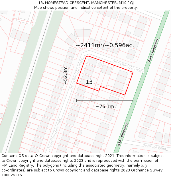 13, HOMESTEAD CRESCENT, MANCHESTER, M19 1GJ: Plot and title map