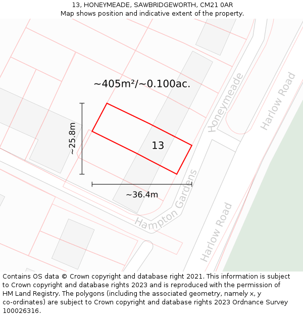 13, HONEYMEADE, SAWBRIDGEWORTH, CM21 0AR: Plot and title map