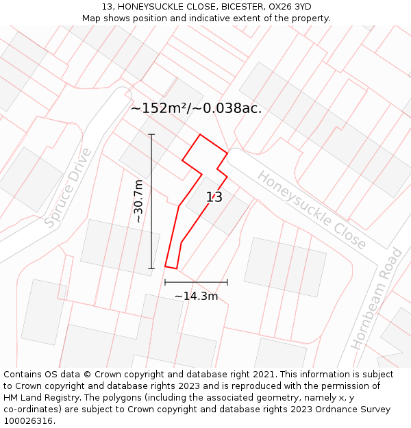 13, HONEYSUCKLE CLOSE, BICESTER, OX26 3YD: Plot and title map