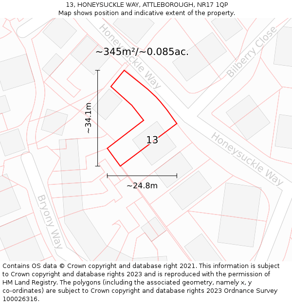 13, HONEYSUCKLE WAY, ATTLEBOROUGH, NR17 1QP: Plot and title map