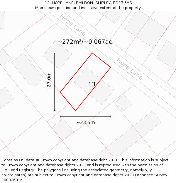 13, HOPE LANE, BAILDON, SHIPLEY, BD17 5AS: Plot and title map