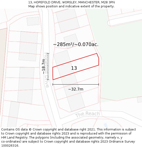 13, HOPEFOLD DRIVE, WORSLEY, MANCHESTER, M28 3PN: Plot and title map