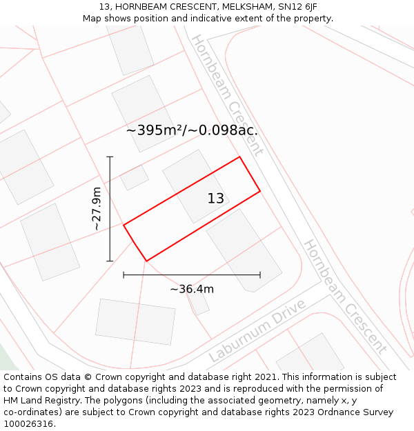 13, HORNBEAM CRESCENT, MELKSHAM, SN12 6JF: Plot and title map